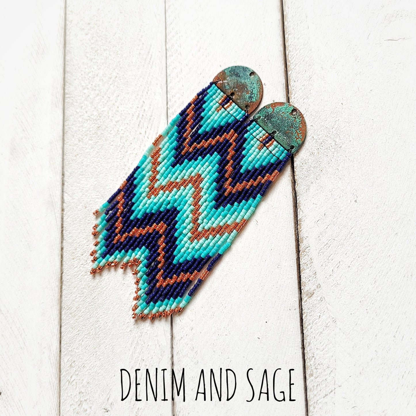 Patina copper blue beaded earrings