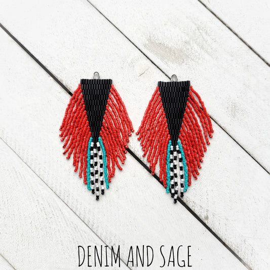 Black, turquoise, red and white beaded earrings