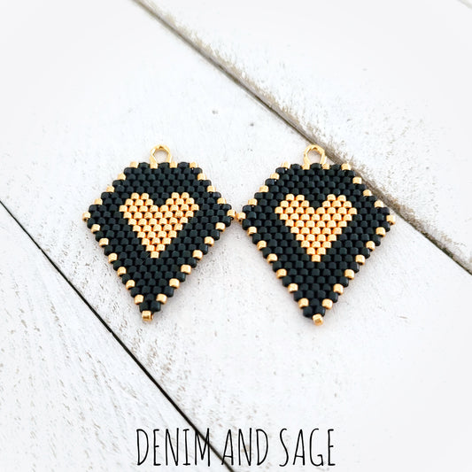 Matte black and gold heart beaded earrings
