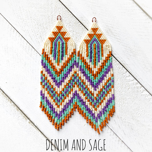 Burnt orange, purple, green and cream beaded fringe earrings