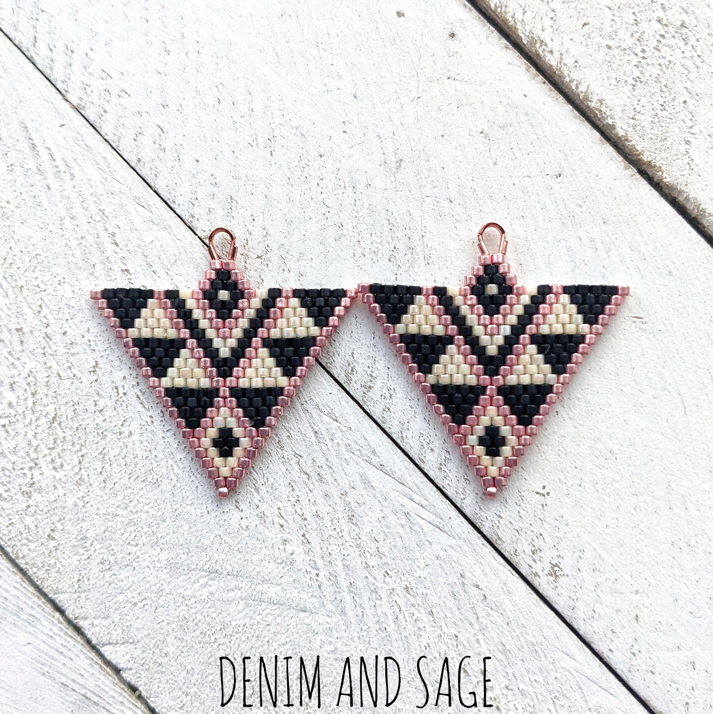 Cream, matte black and rose gold triangle beaded earrings