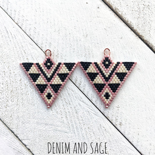 Cream, matte black and rose gold triangle beaded earrings