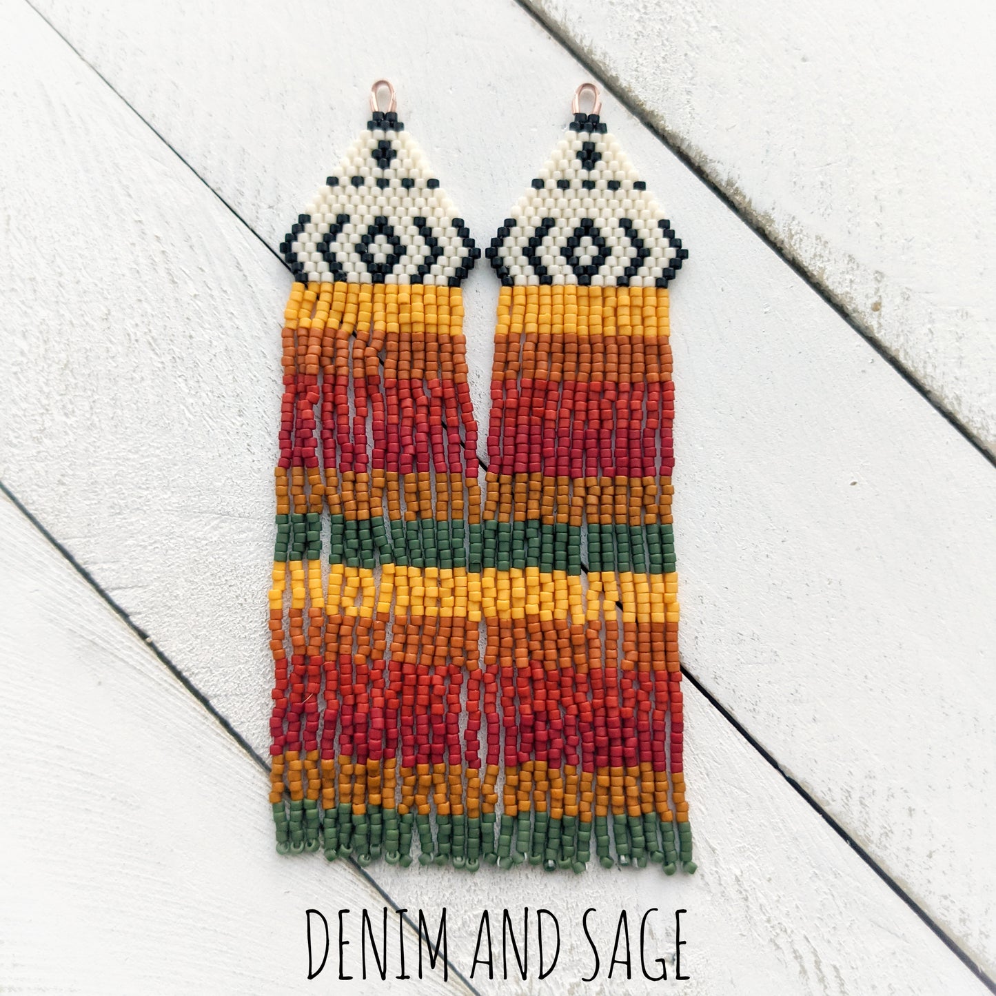 Black, cream, rusty geeen beaded earrings
