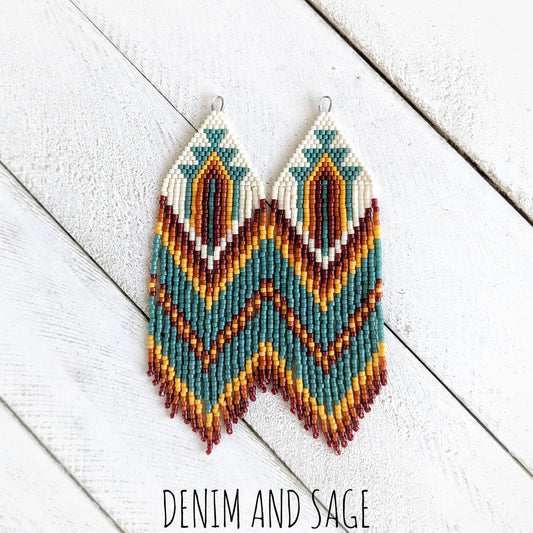 Dark red, burnt orange, yellow and green beaded earrings