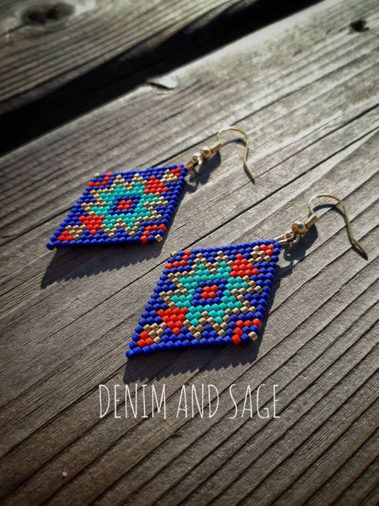 Blue, gold and red beaded delica earrings