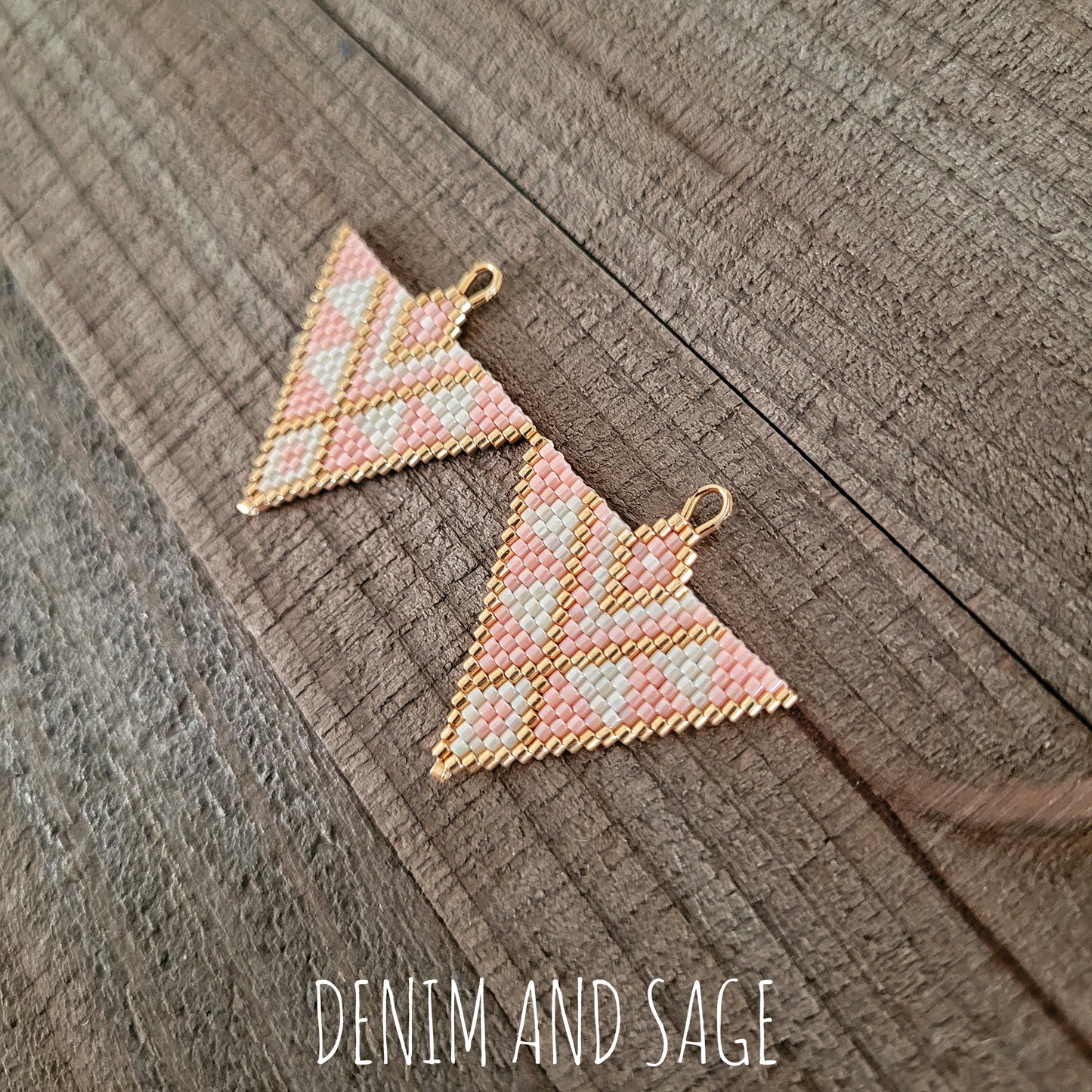 Cream, pink and gold triangle beaded earrings