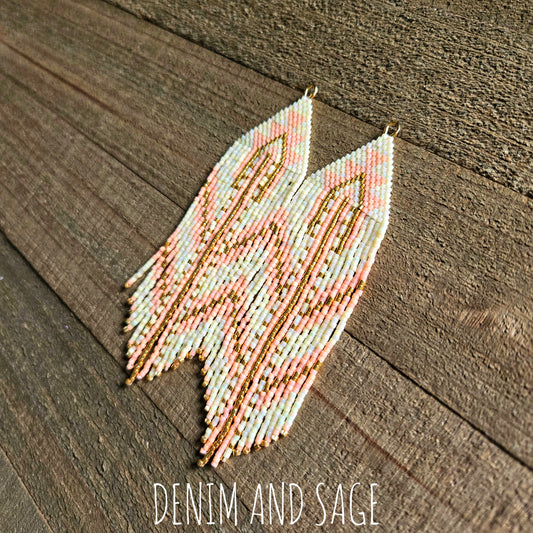 Gold, pink and cream beaded earrings