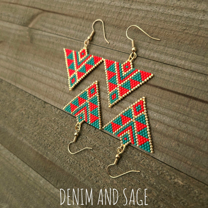 Red and green triangle beaded earrings