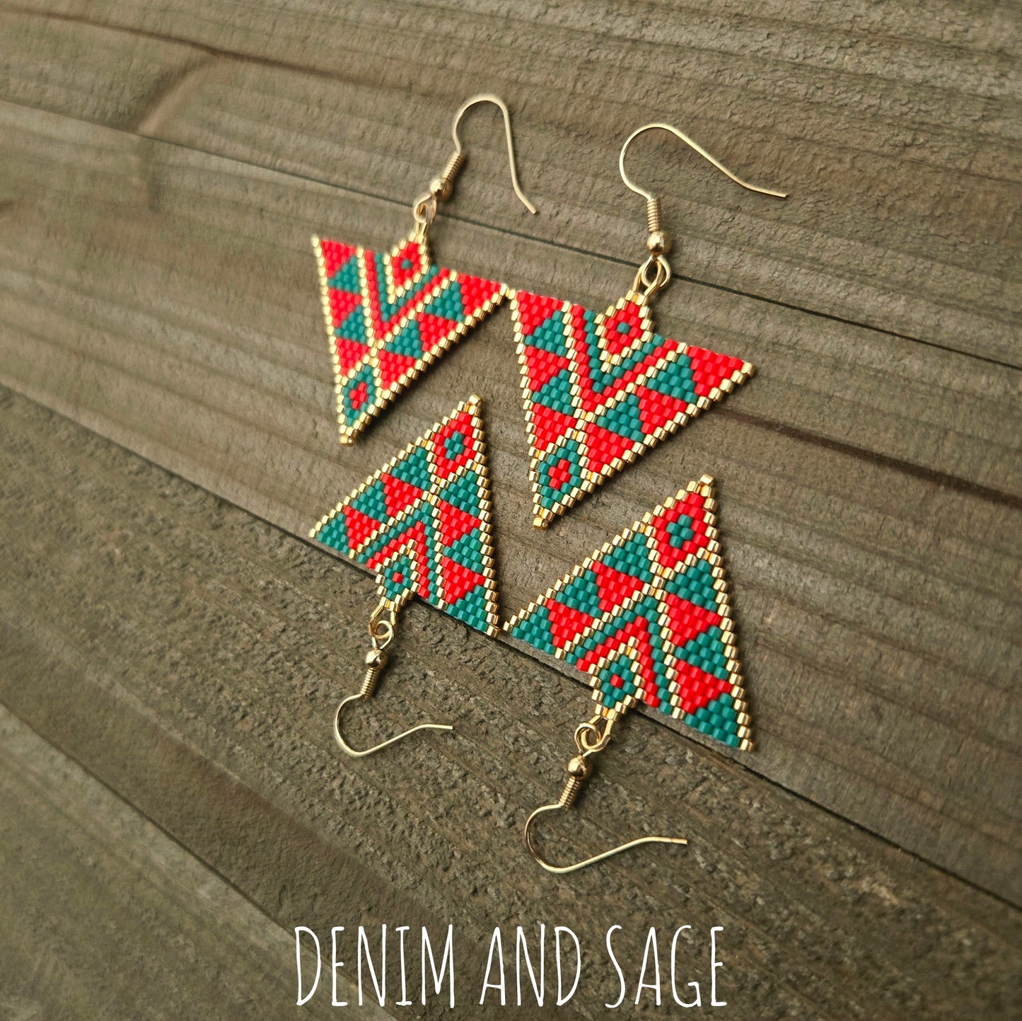 Green and red triangle beaded earrings