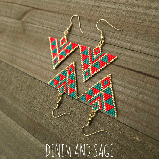Green and red triangle beaded earrings