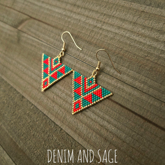 Green and red triangle beaded earrings