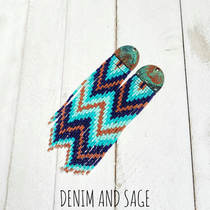 Patina copper blue beaded earrings
