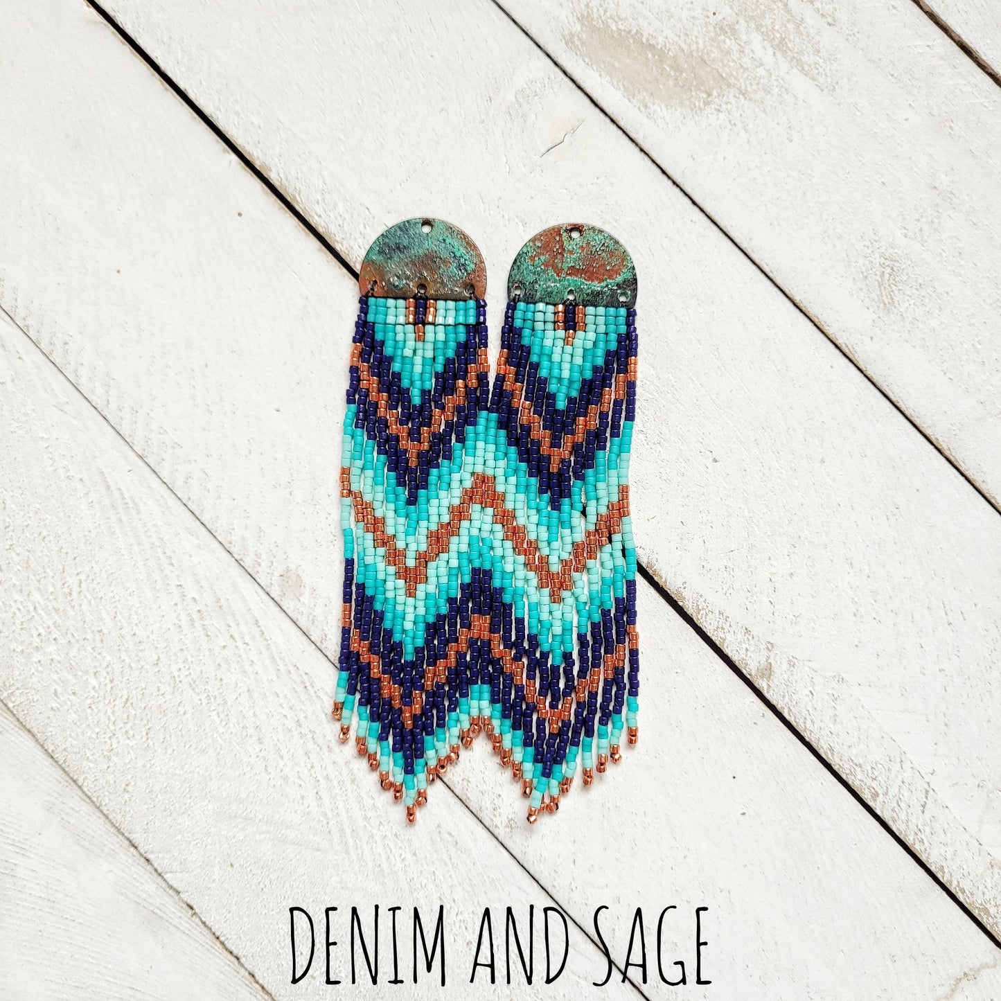 Patina copper blue beaded earrings