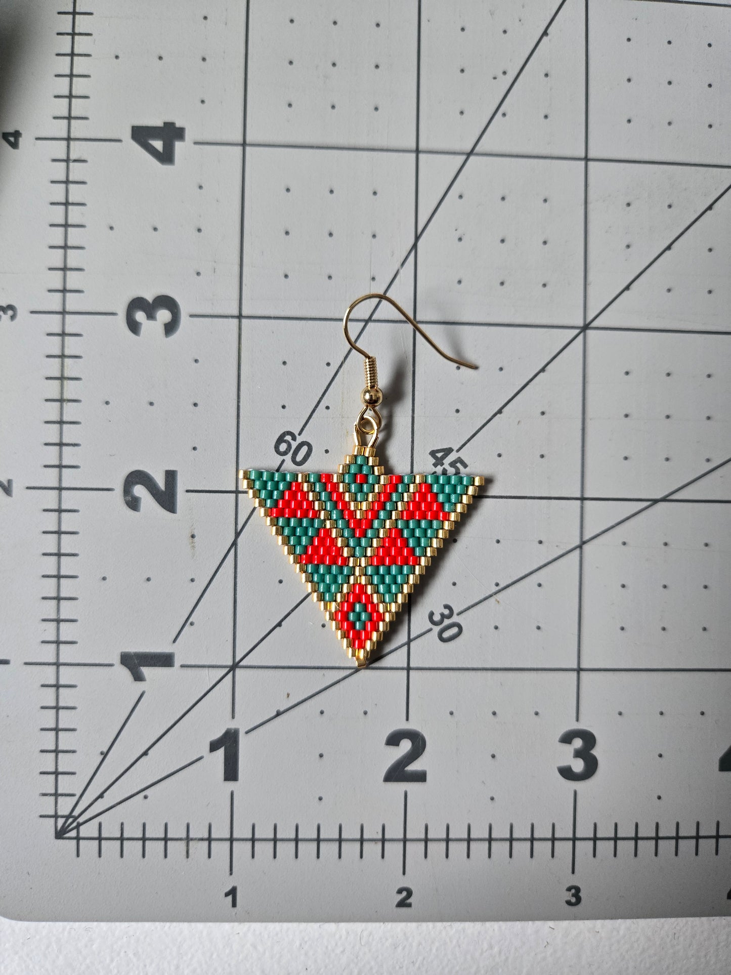 Green and red triangle beaded earrings