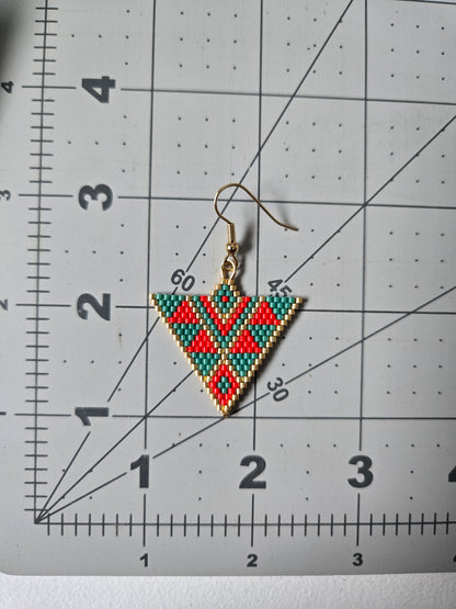 Green and red triangle beaded earrings