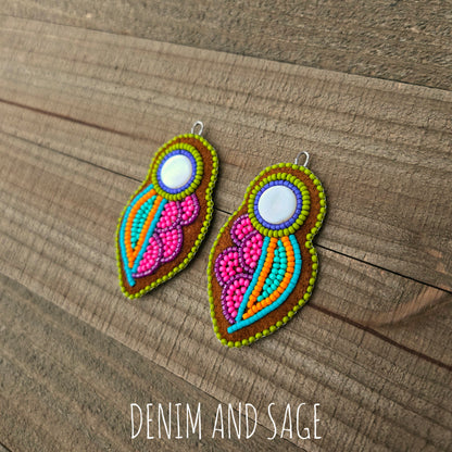 Neon flower (smaller) applique beaded earrings