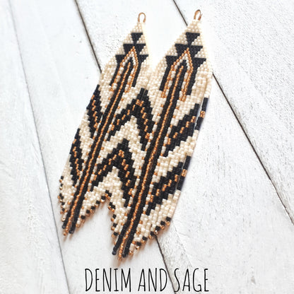 Gold, matte black and cream beaded earrings