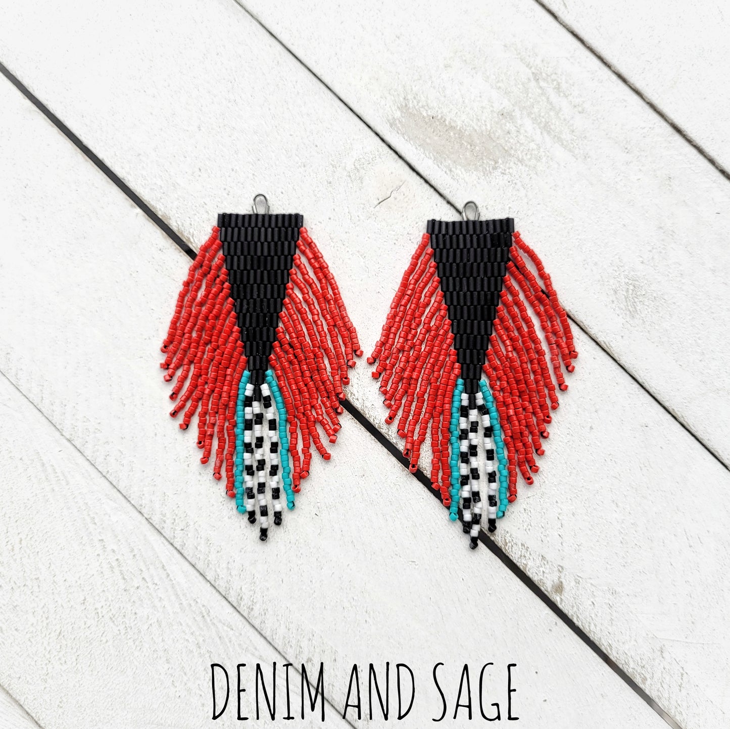 Black, turquoise, red and white beaded earrings