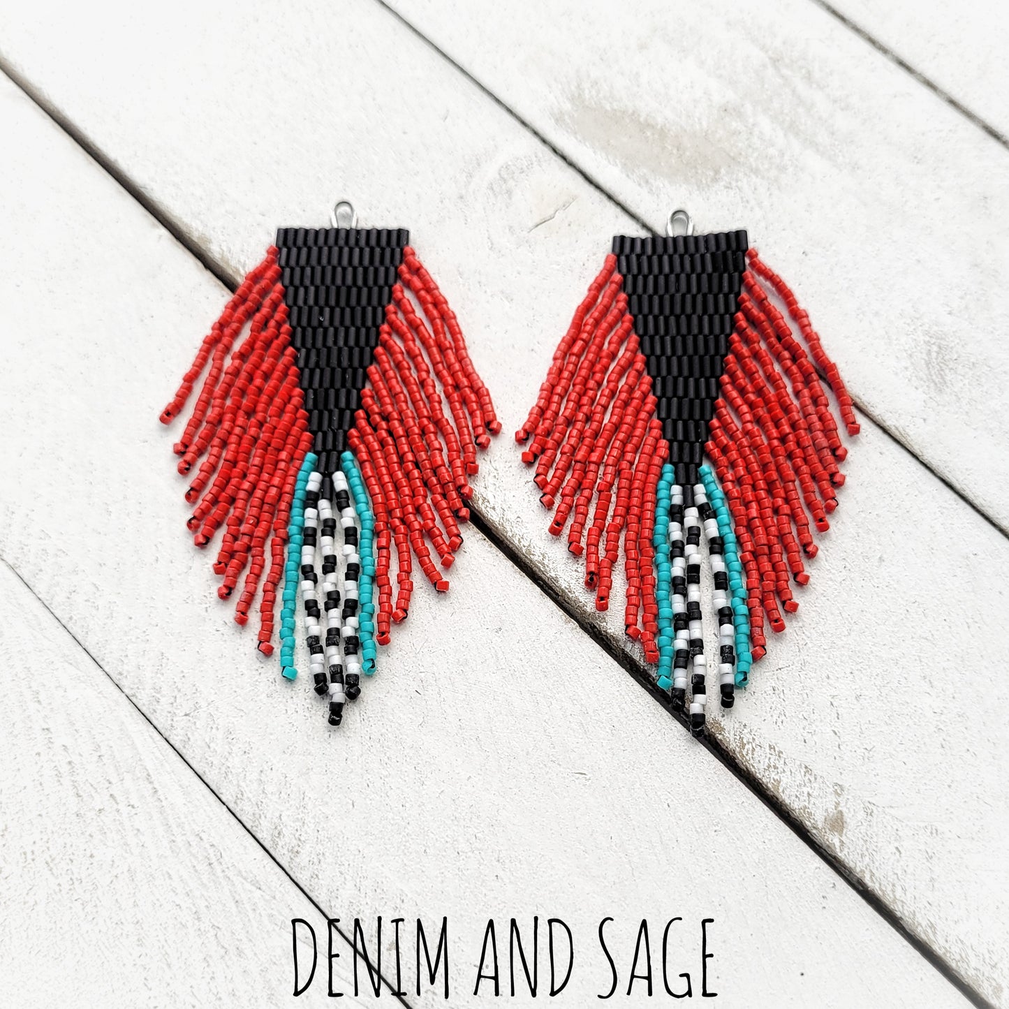 Black, turquoise, red and white beaded earrings