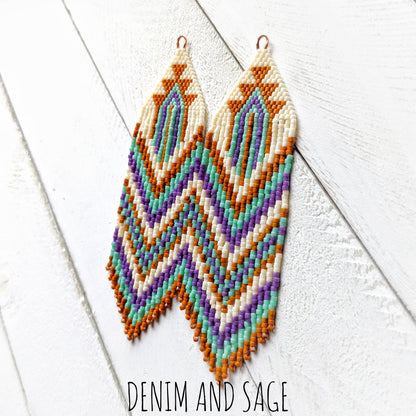 Burnt orange, purple, green and cream beaded fringe earrings