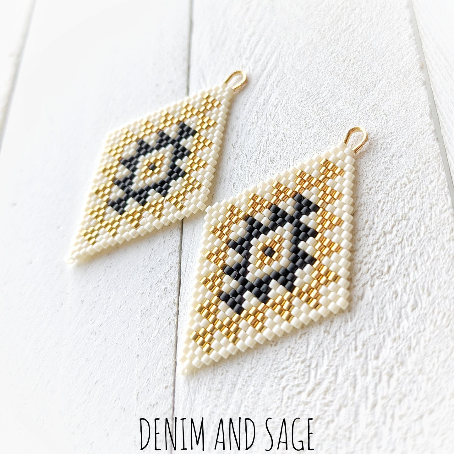 Cream, matte black and gold double diamond beaded earrings