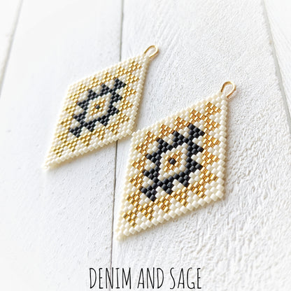 Cream, matte black and gold double diamond beaded earrings