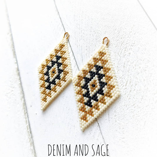 Cream, matte black and gold double diamond beaded earrings