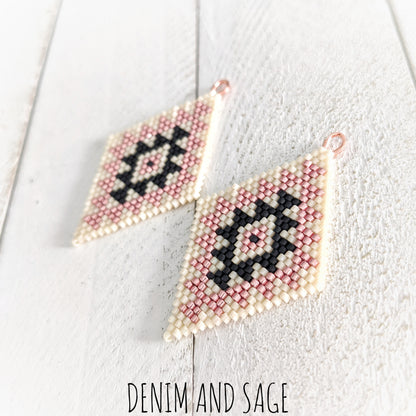 Cream, matte black and rose gold double diamond beaded earrings