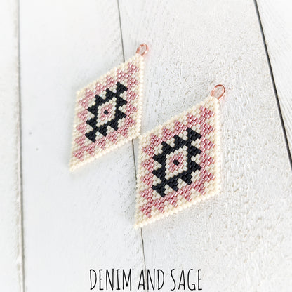 Cream, matte black and rose gold double diamond beaded earrings