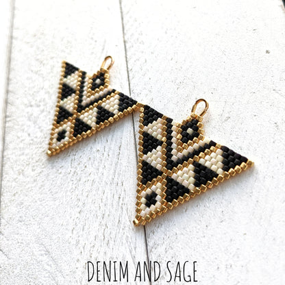 Cream, matte black and gold triangle beaded earrings