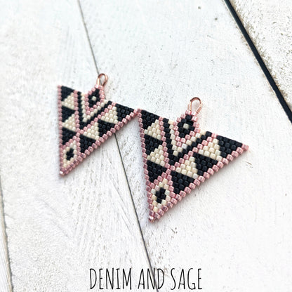 Cream, matte black and rose gold triangle beaded earrings