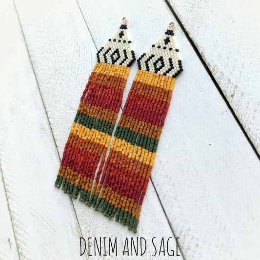 Black, cream, rusty geeen beaded earrings