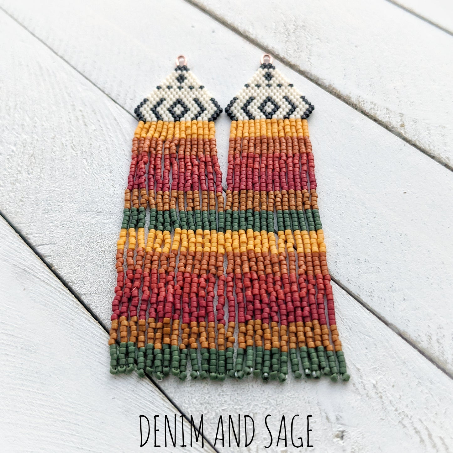 Black, cream, rusty geeen beaded earrings