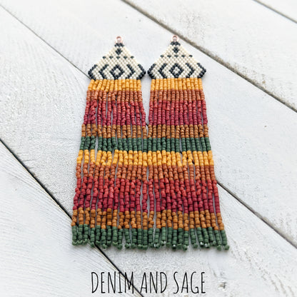 Black, cream, rusty geeen beaded earrings