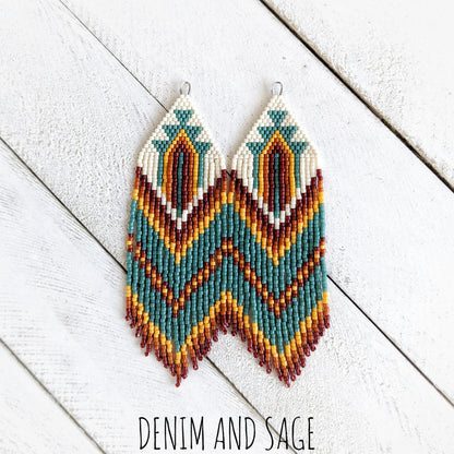 Dark red, burnt orange, yellow and green beaded earrings