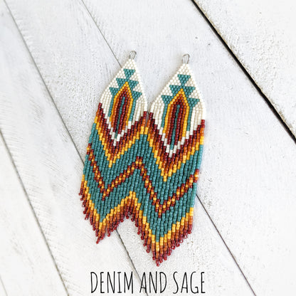 Dark red, burnt orange, yellow and green beaded earrings