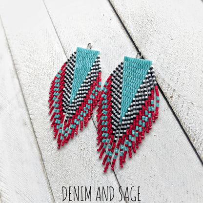 Turquoise, red, black and white beaded earrings