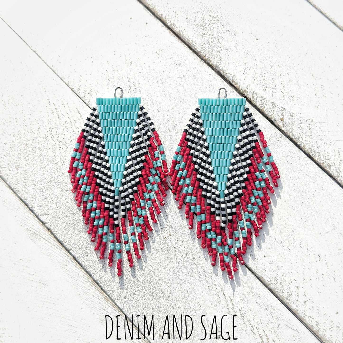 Turquoise, red, black and white beaded earrings