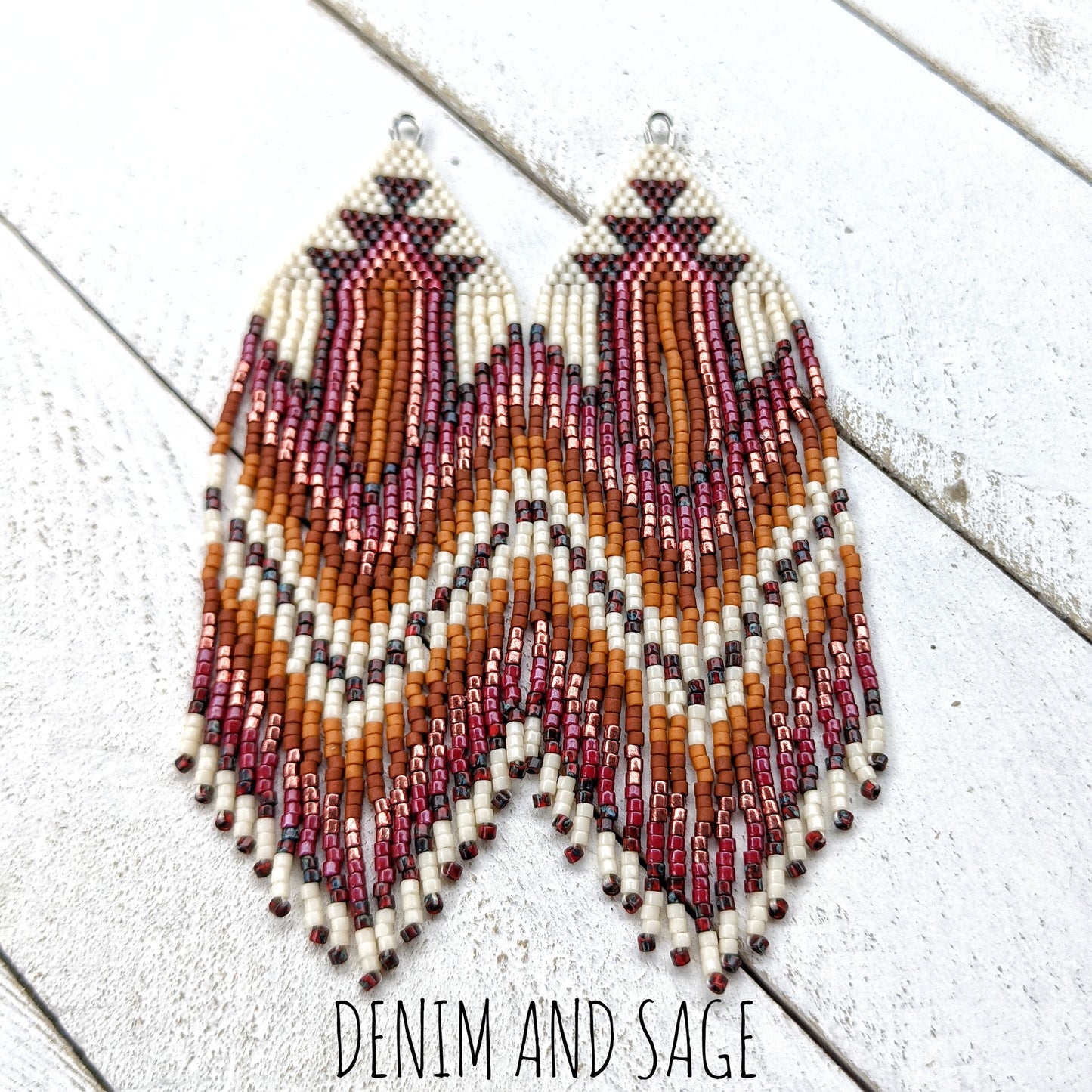 Dark red, burnt orange and cream beaded earrings