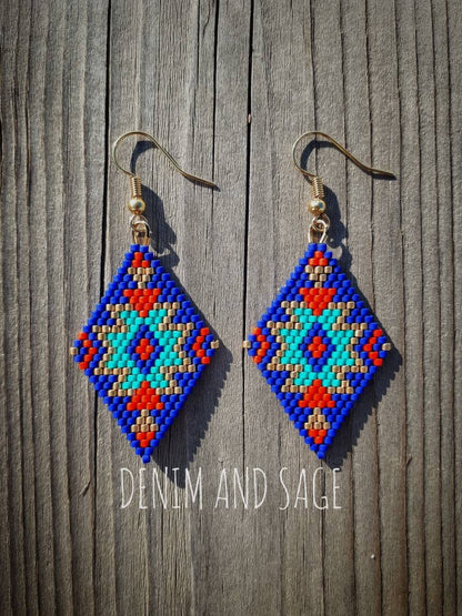 Blue, gold and red beaded delica earrings