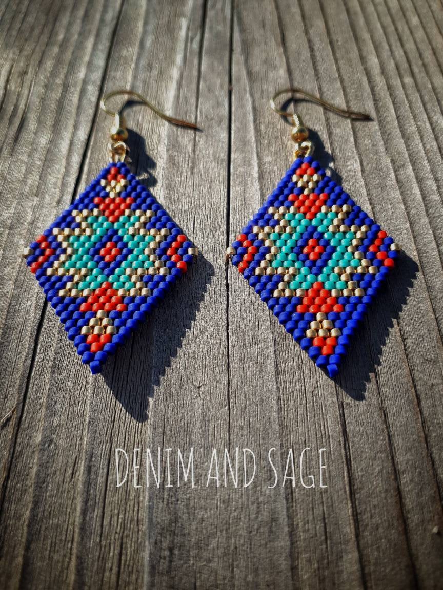 Blue, gold and red beaded delica earrings