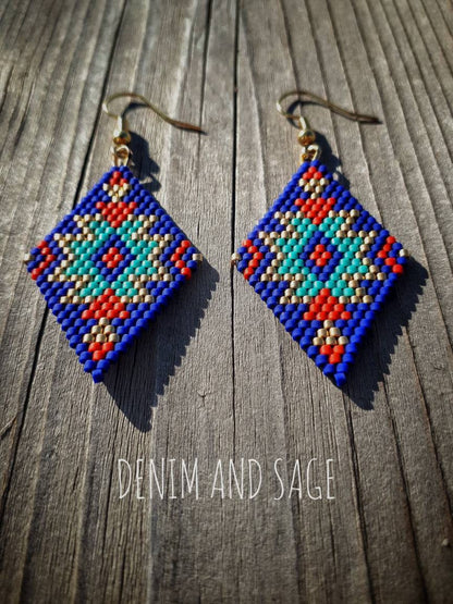 Blue, gold and red beaded delica earrings
