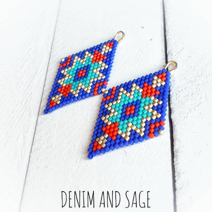 Blue, gold and red beaded delica earrings